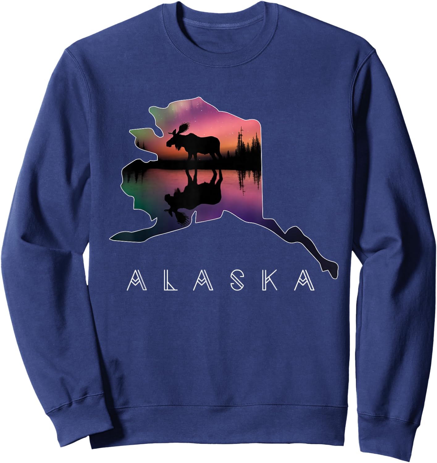 Alaskan Moose Aurora Borealis Alaska State & Landscape Sweatshirt - Sweatshirt | Navy