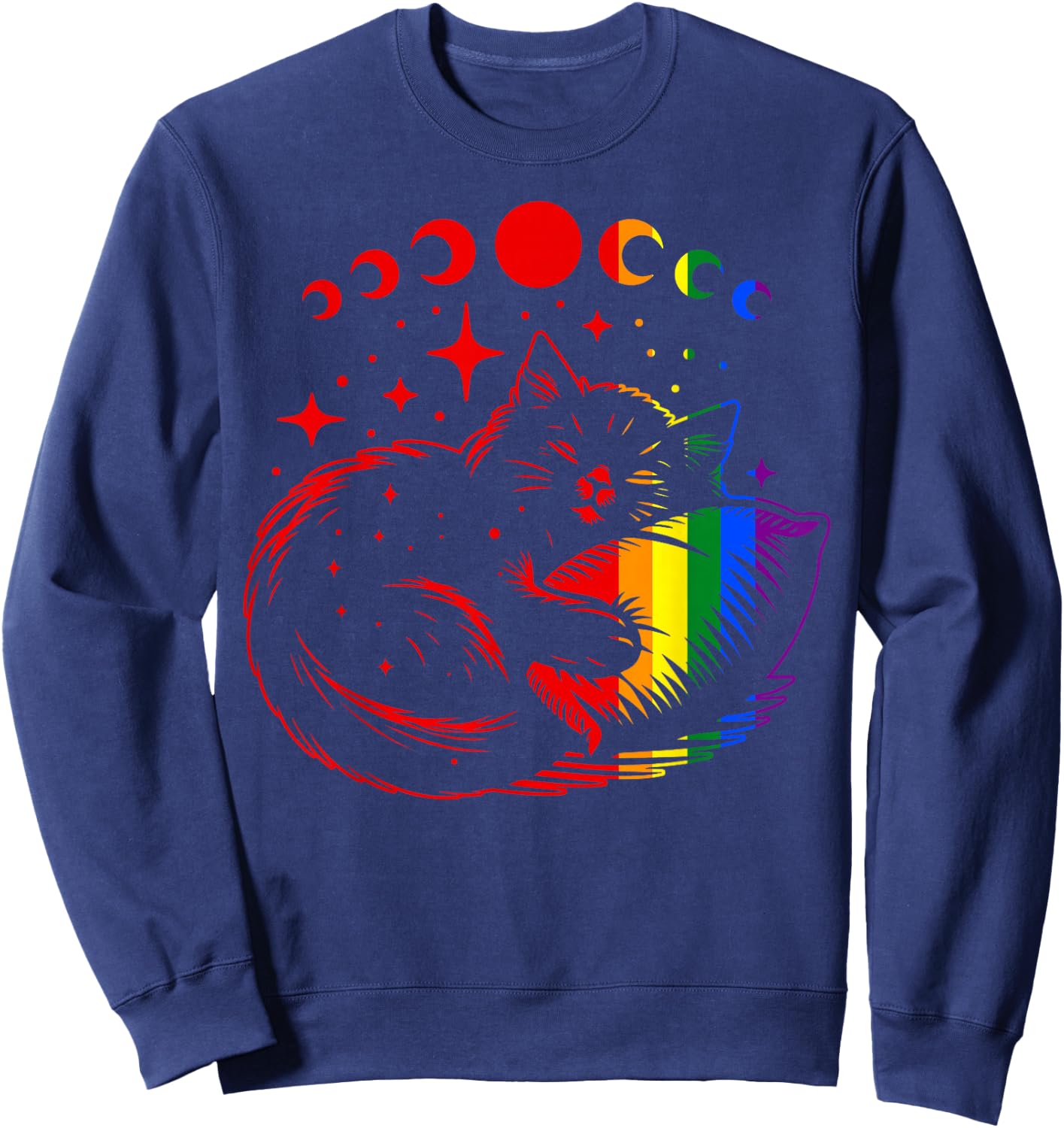 Rainbow Cat Sleeping with Moon Phases and Stars Gay Pride Sweatshirt - Sweatshirt | Navy