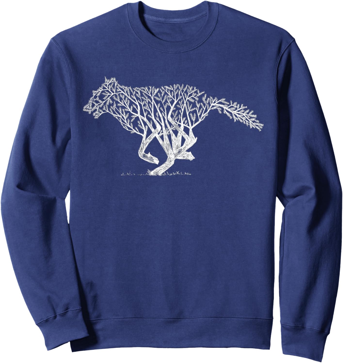 Retro Nature-Inspired Wildlife Tree Branch Running Wild Wolf Sweatshirt - Sweatshirt | Navy