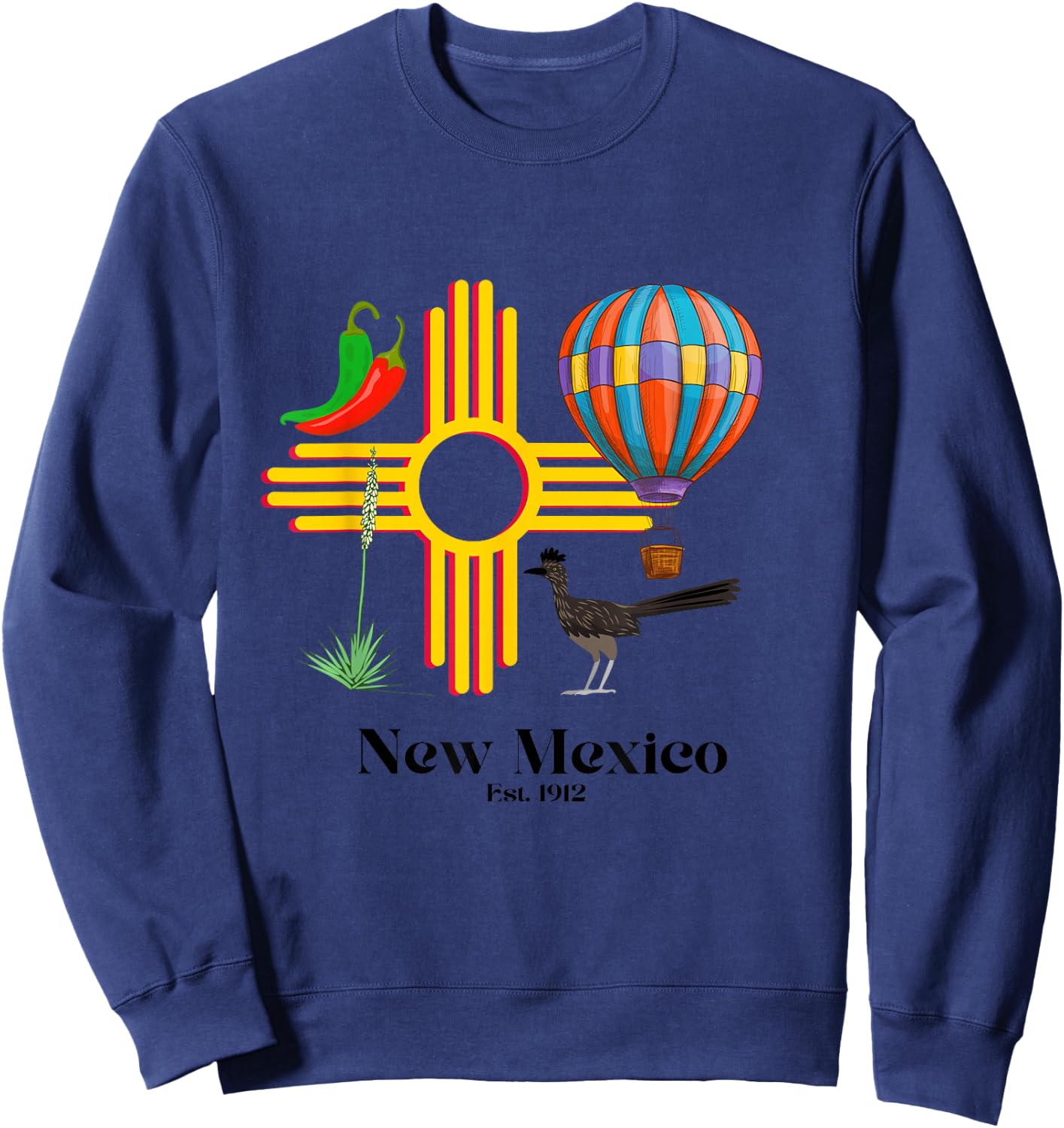 New Mexico Zia: Chiles, Balloon, Roadrunner, Yucca Est. 1912 Sweatshirt - Sweatshirt | Navy
