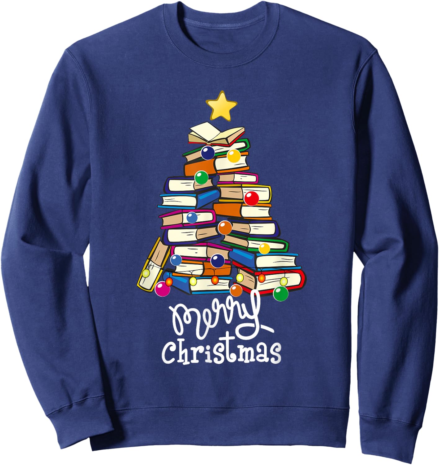 Merry Christmas Tree Love Reading Books Librarian Nerd Sweatshirt - Sweatshirt | Navy