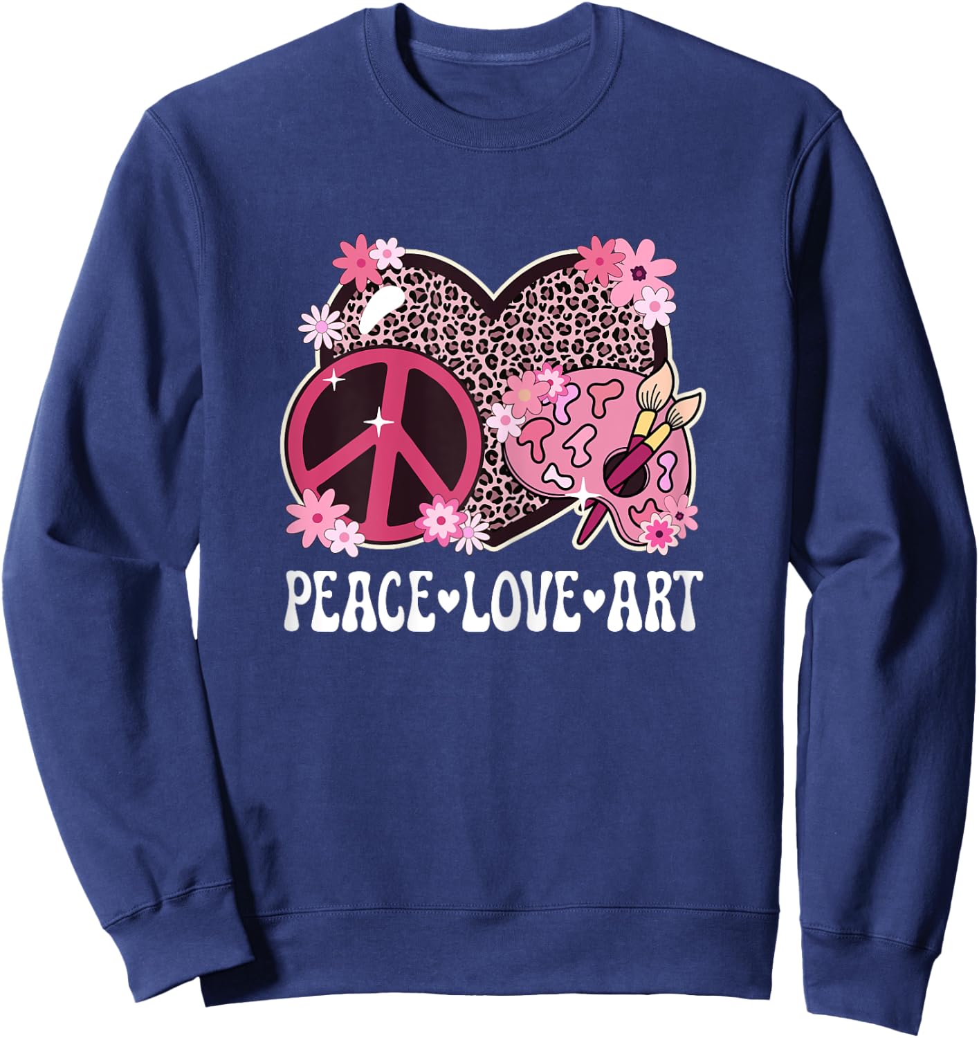 Peace Love Art Lover Artist Leopard Print Women Art Teacher Sweatshirt - Sweatshirt | Navy