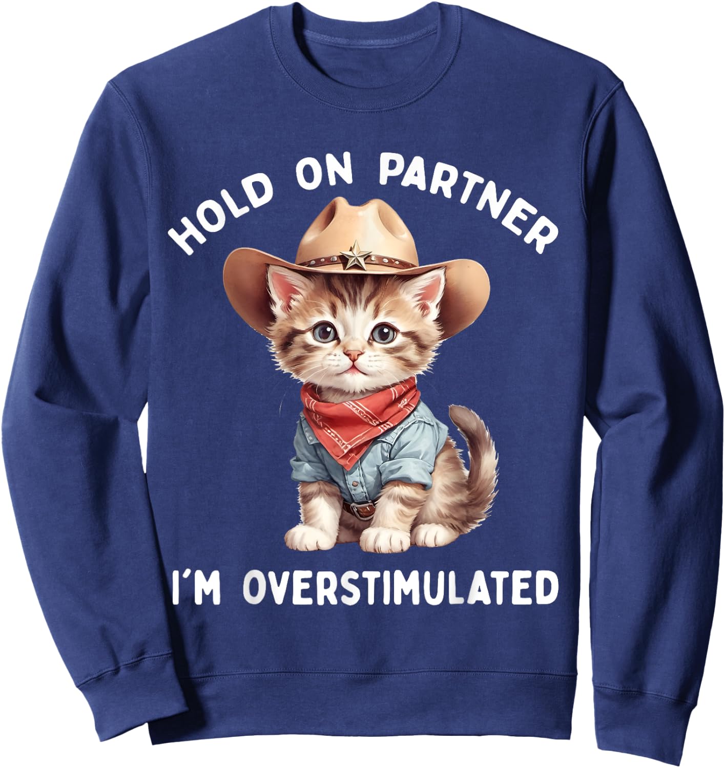 Hold On Partner I'm Overstimulated Cat Cowboy Cute Funny Sweatshirt - Sweatshirt | Navy