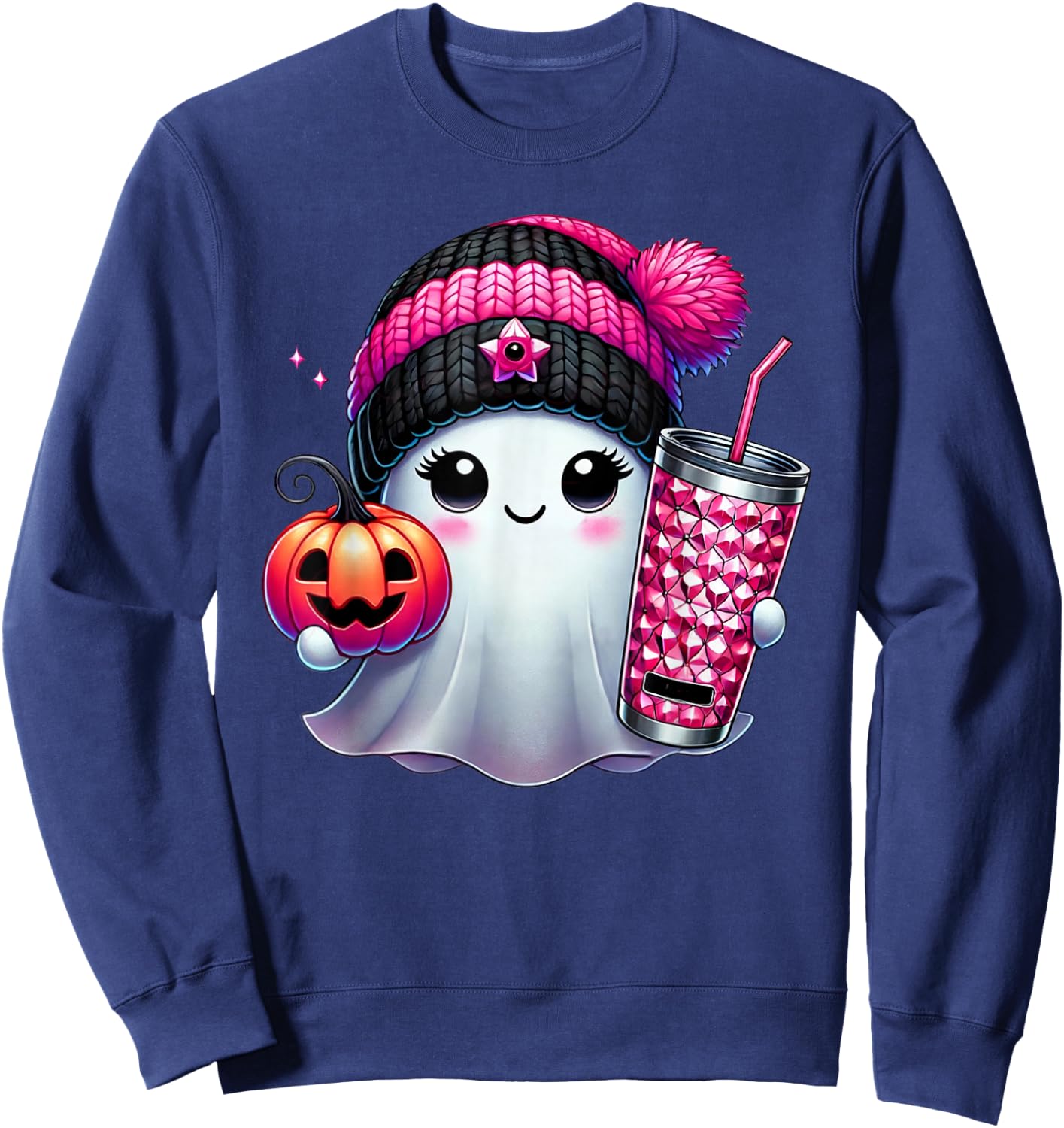 Cute Ghost Drinking Coffee Halloween Ghost Ice Coffee Sweatshirt - Sweatshirt | Navy