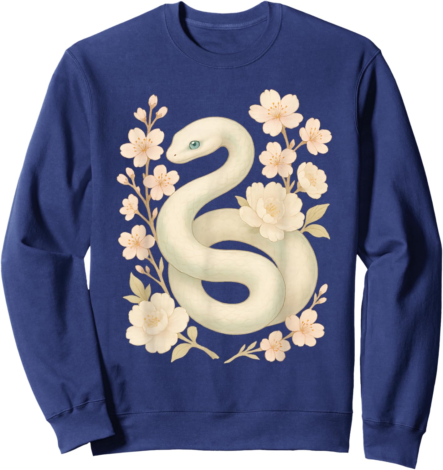 Elegant White Mint Snake with Peony Cherry Blossom Flowers Sweatshirt - Sweatshirt | Navy