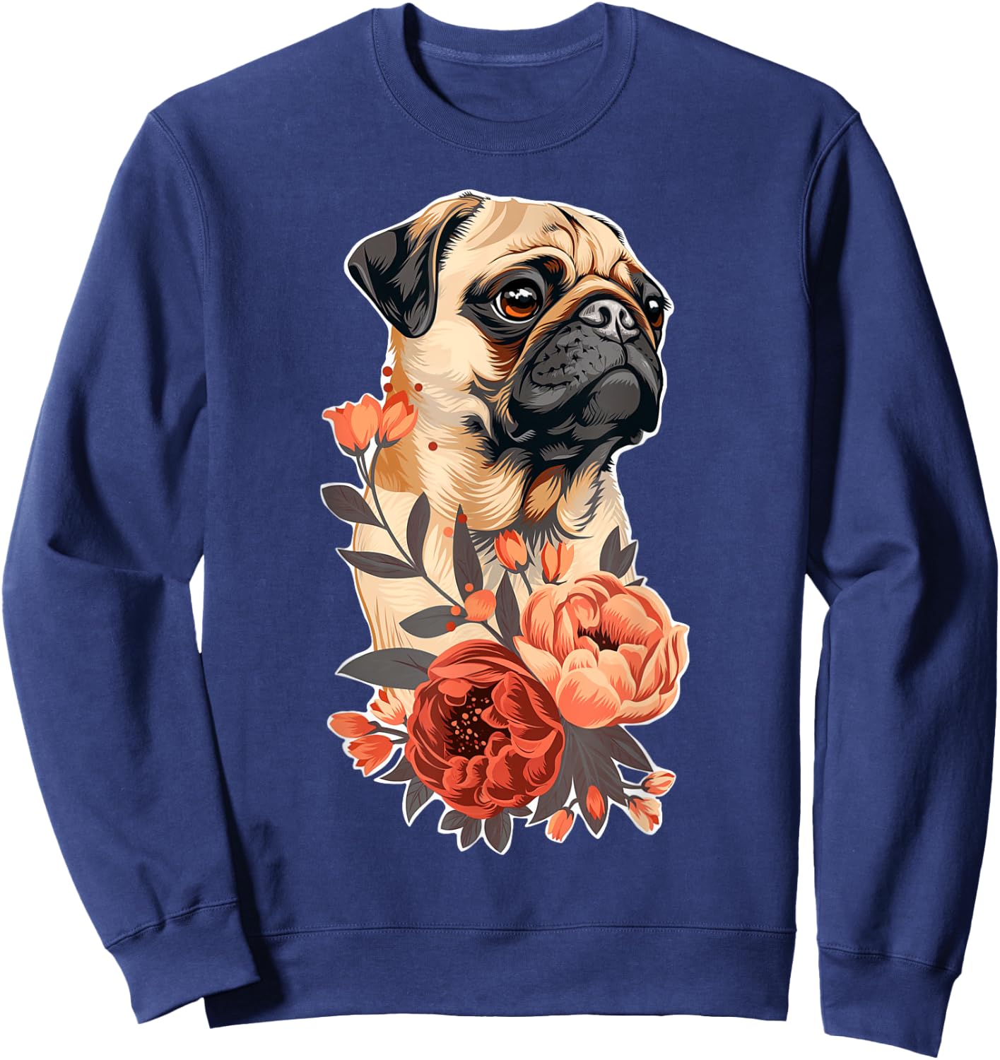 Cute Pug Dog Flowers Pug Sweatshirt - Sweatshirt | Navy
