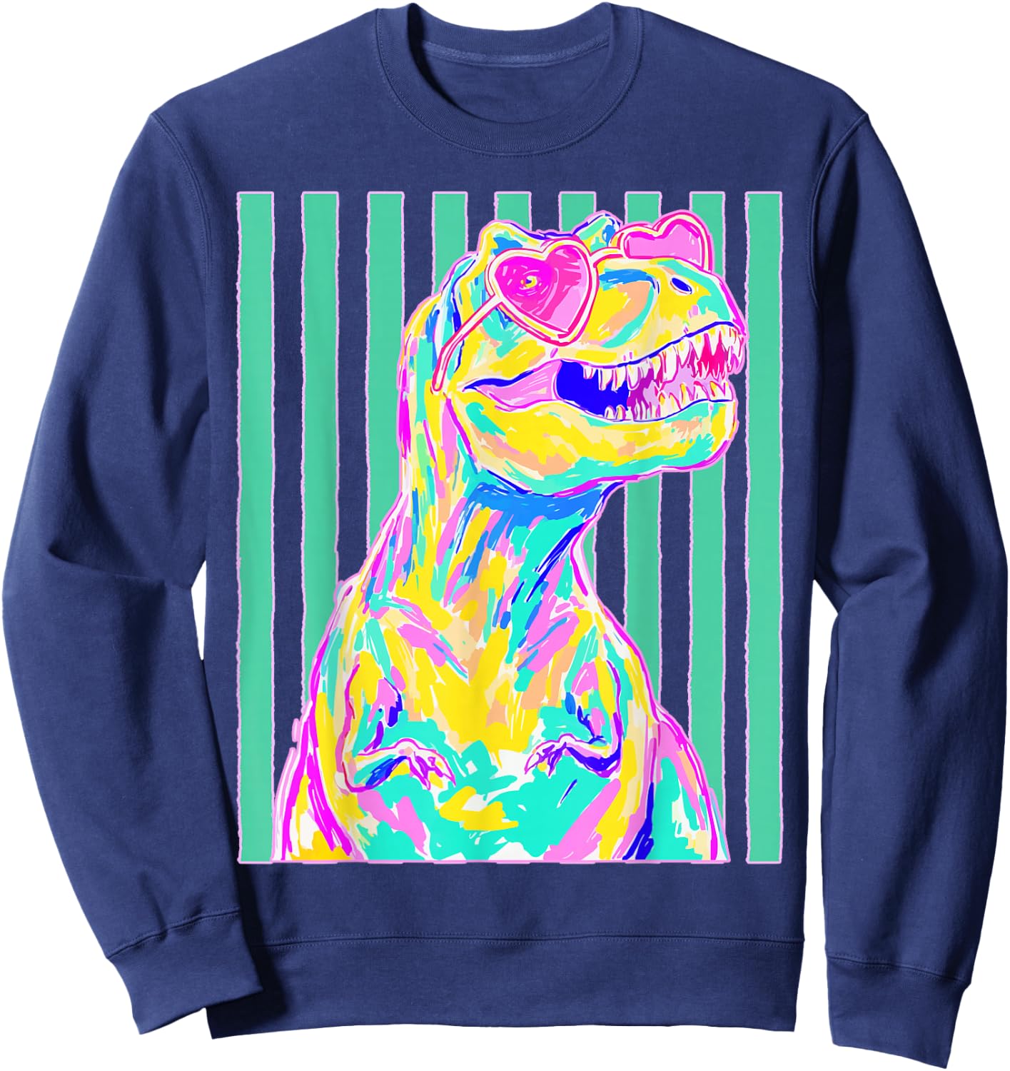 Cute T-rex with Heart Sunglasses Dinosaur Summer Stripes Sweatshirt - Sweatshirt | Navy