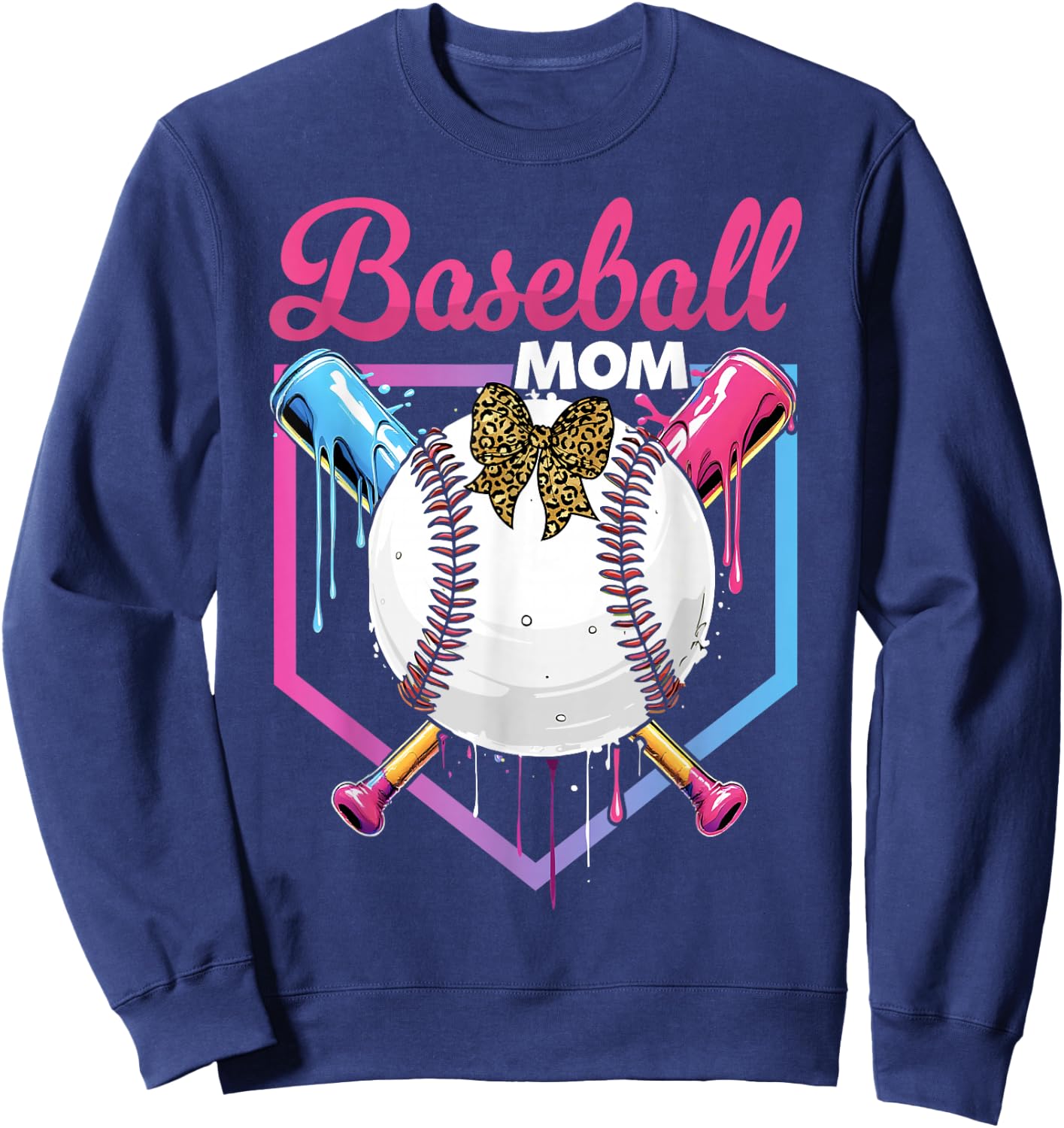 Baseball Drip Mom Cute Bow Baseball Women Mother's Day Sweatshirt - Sweatshirt | Navy
