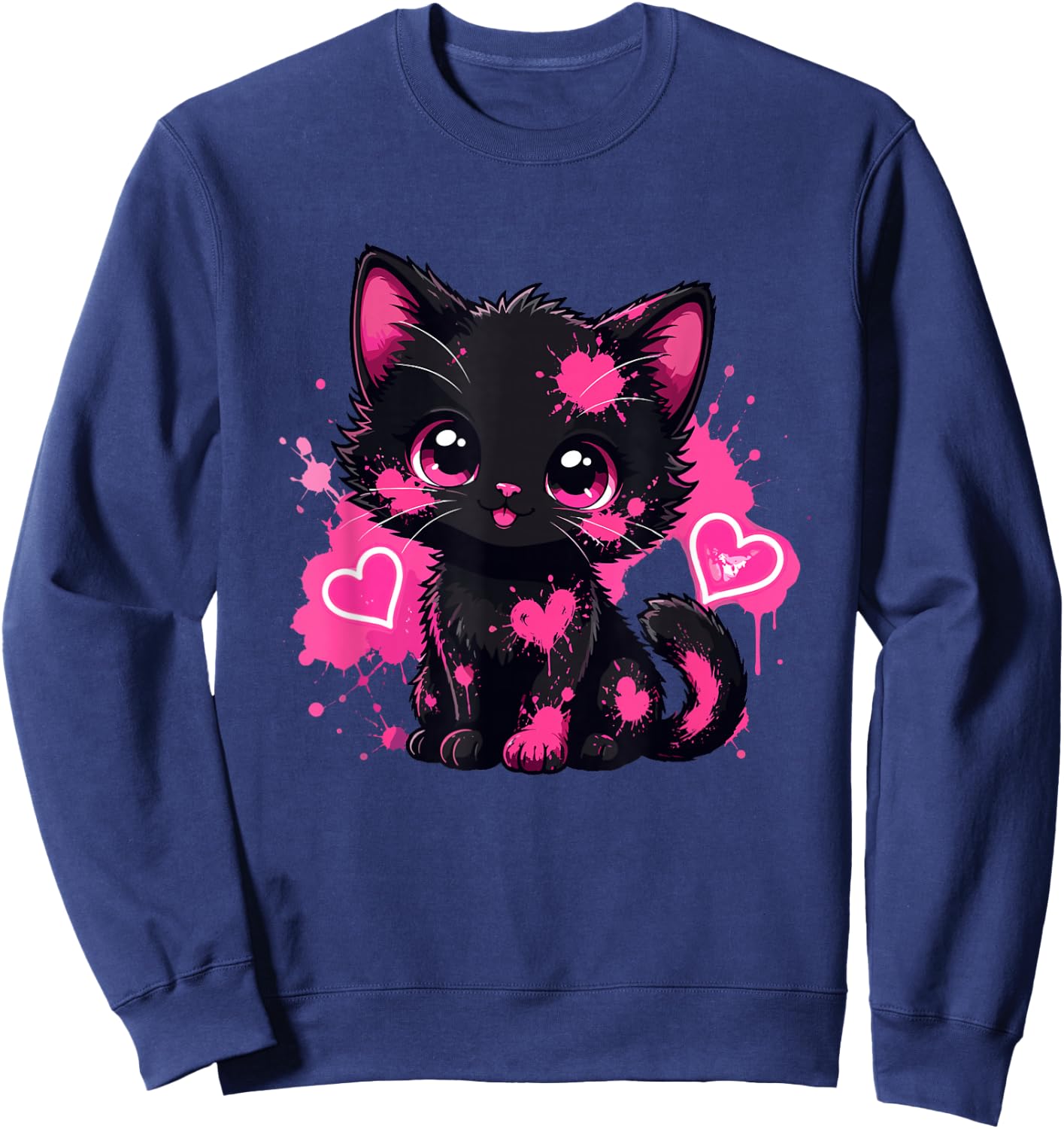 Kawaii Black Kitten Pink Paint Heart Lover Sweatshirt - Sweatshirt | Navy