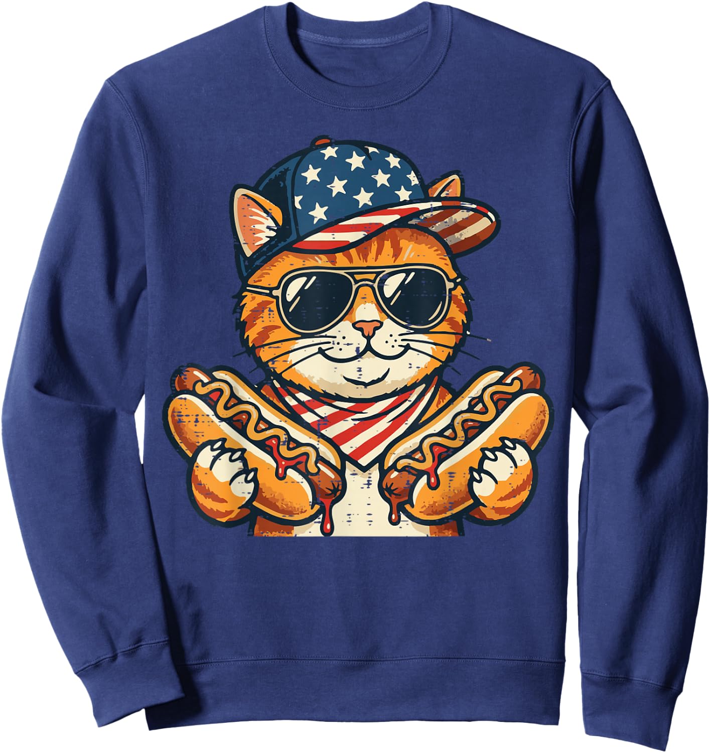 4th of July Cat Hotdog US Flag Cap Patriotic Men Women Kids Sweatshirt - Sweatshirt | Navy