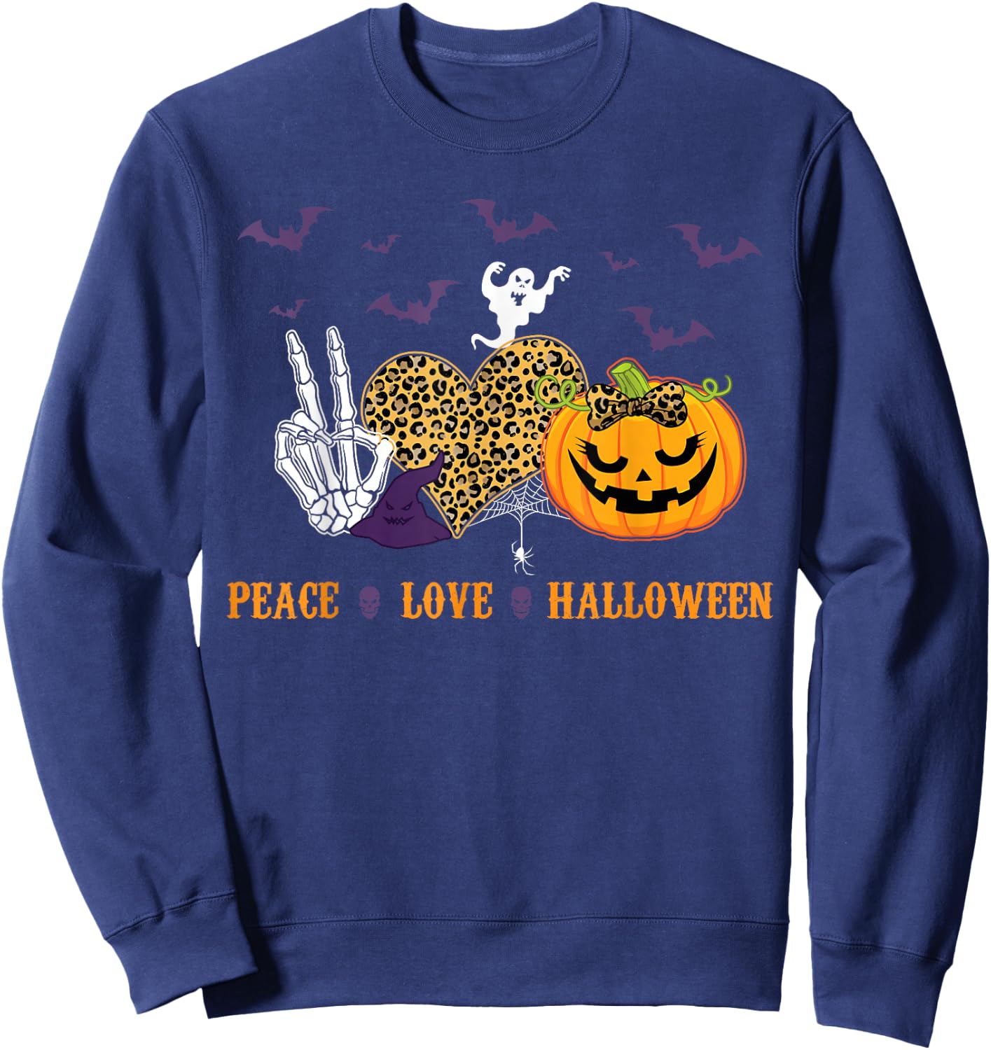 Peace Love Halloween Skeleton Pumpkin Hippie Costume Sweatshirt - Sweatshirt | Navy