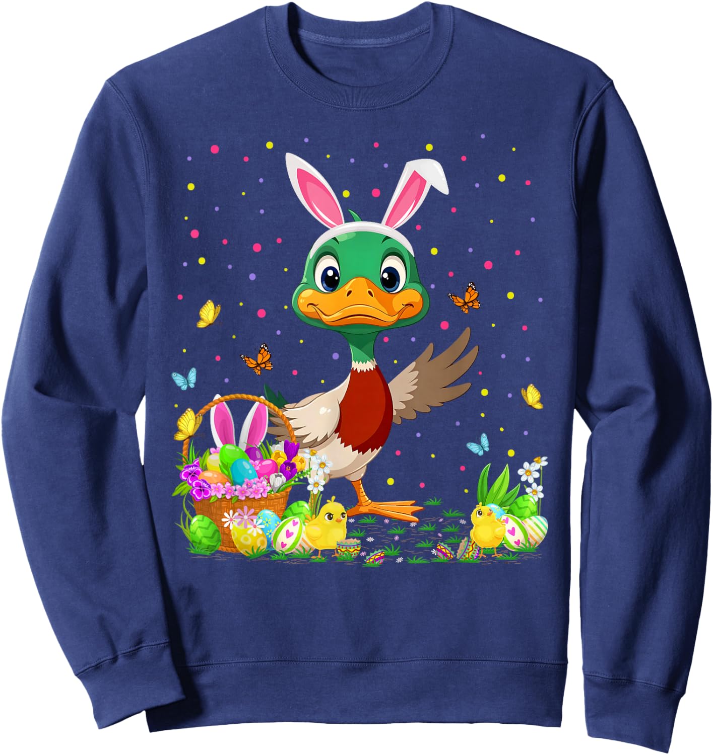 Duck Easter Egg Hunt Bunny Ear Duck Happy Easter Sweatshirt - Sweatshirt | Navy