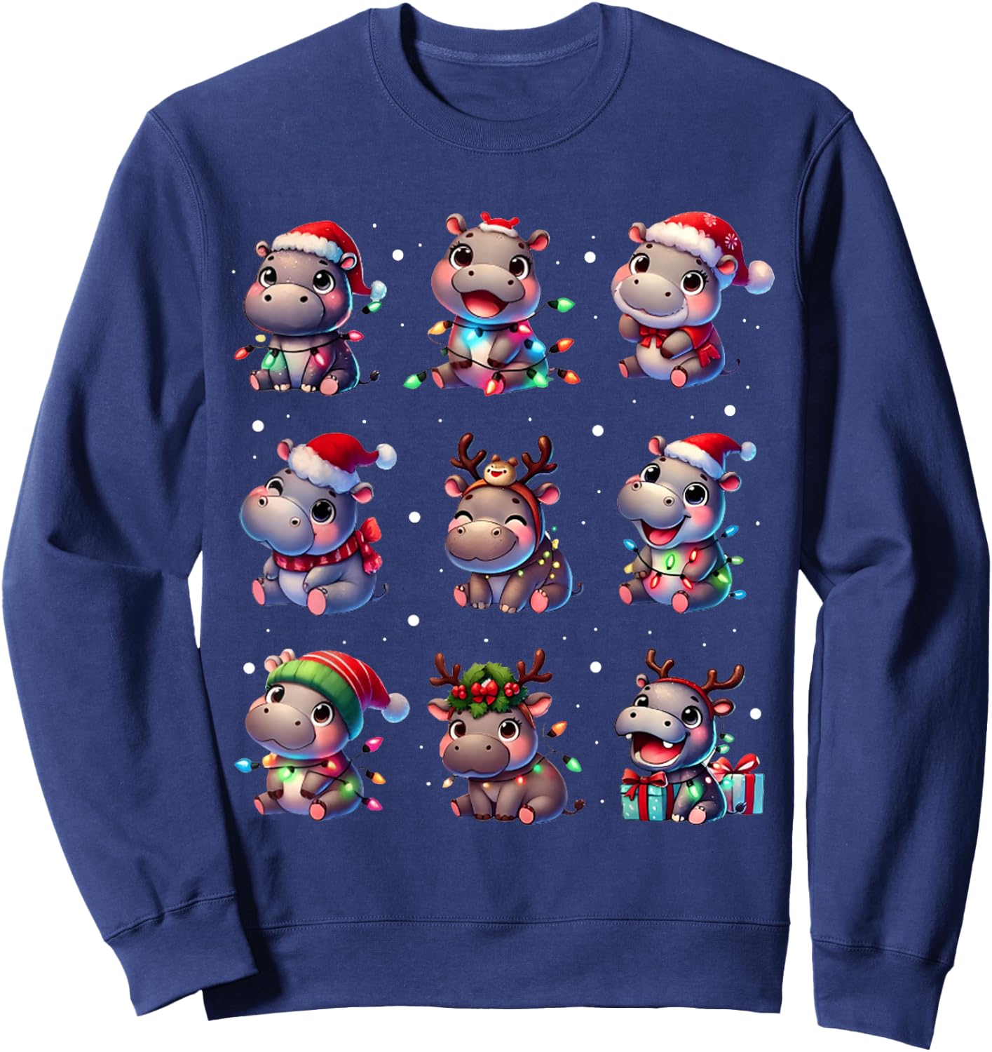 Cute Hippo in Christmas Lights Funny Xmas Gifts Kid Women PJ Sweatshirt - Sweatshirt | Navy