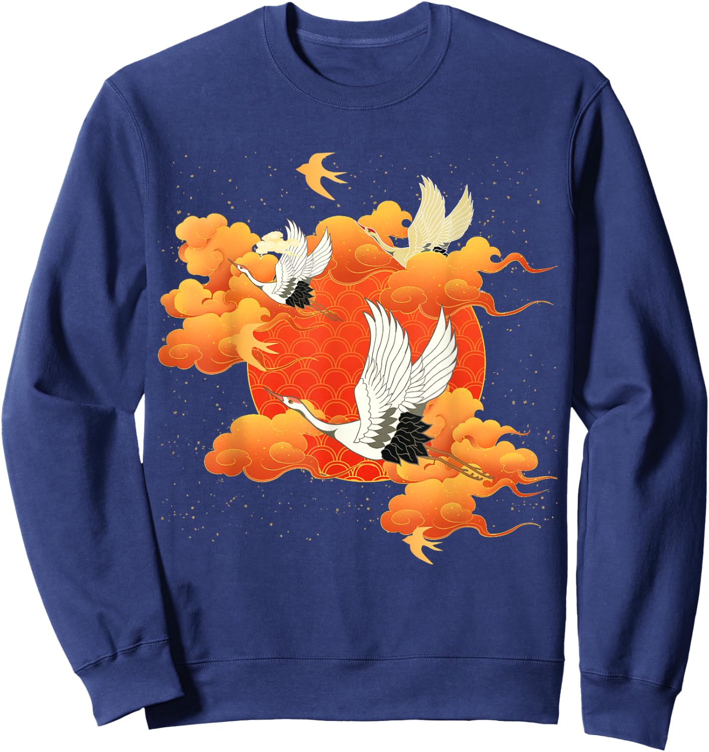 Flying Crane Bird Red Clouds and Sun Japanese Chinese Art Sweatshirt - Sweatshirt | Navy