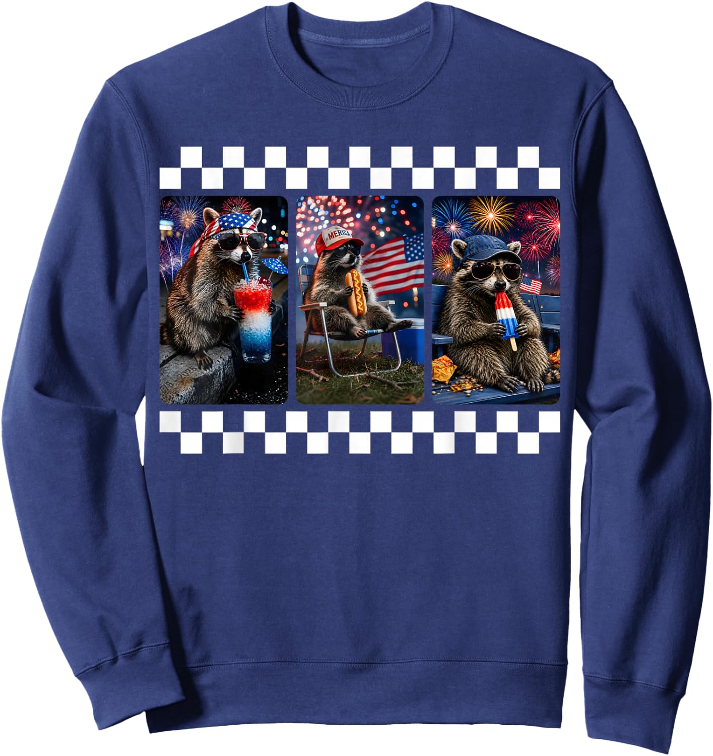 Funny Raccoon 4th of July Fireworks Patriotic USA Men Women Sweatshirt - Sweatshirt | Navy