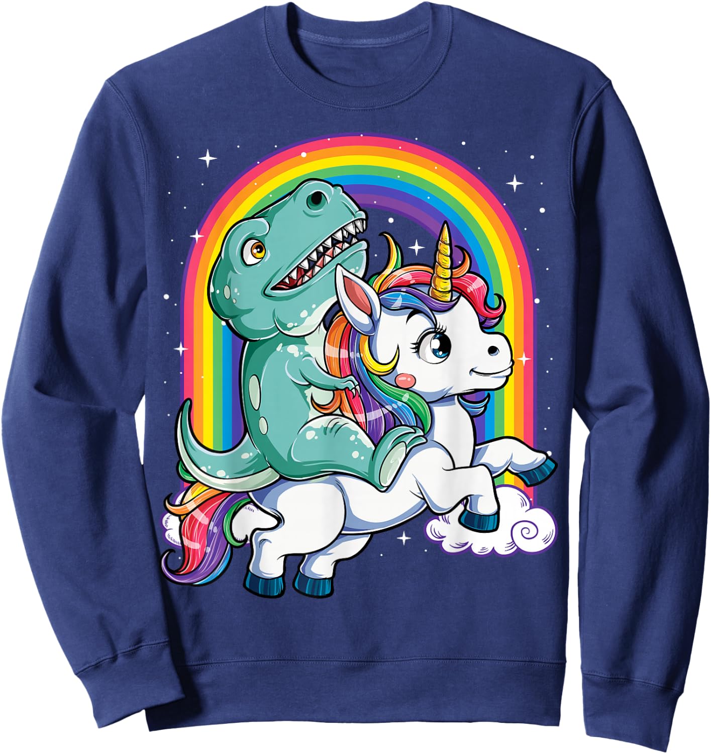 Dinosaur Riding Unicorn Funny T-rex Boys Men Rainbow Galaxy Sweatshirt - Sweatshirt | Navy