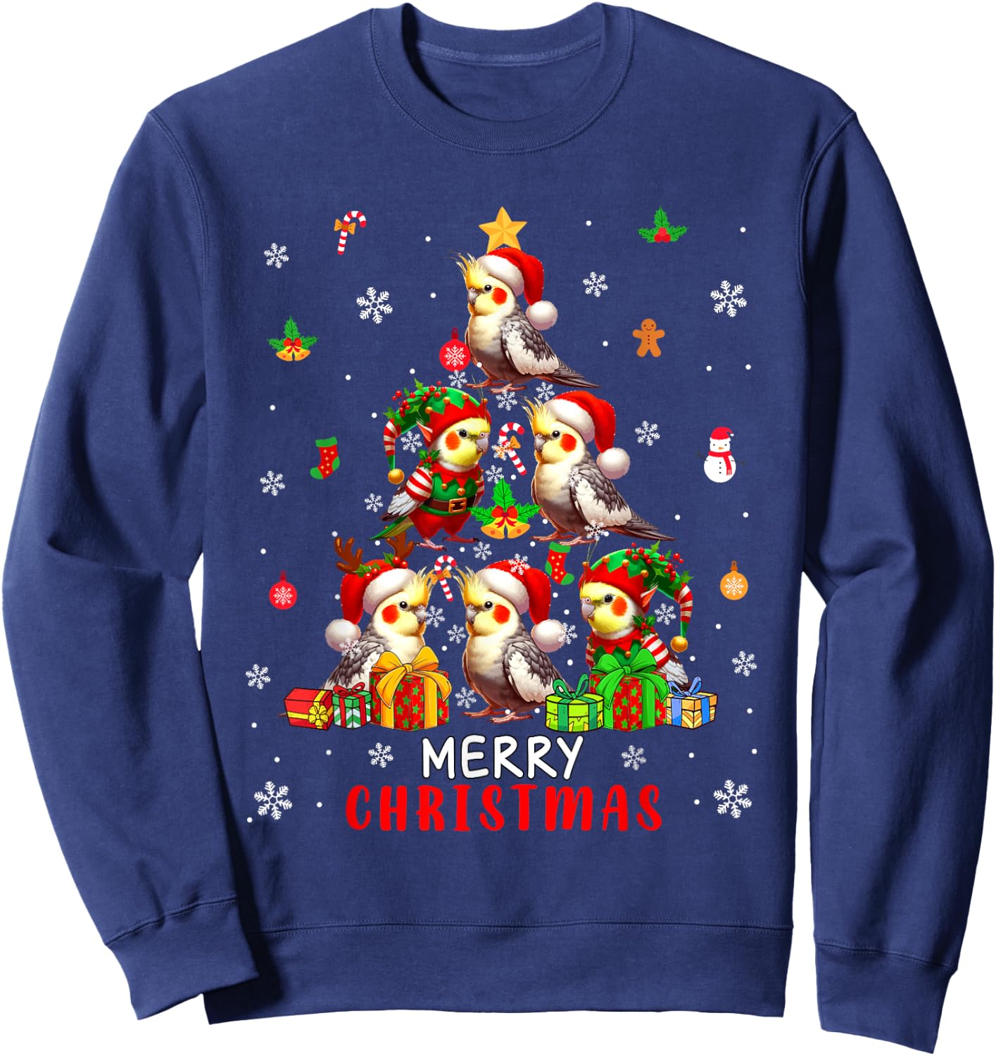 Merry Christmas Group Santa Elf Cockatiels As Xmas Tree Bird Sweatshirt - Sweatshirt | Navy