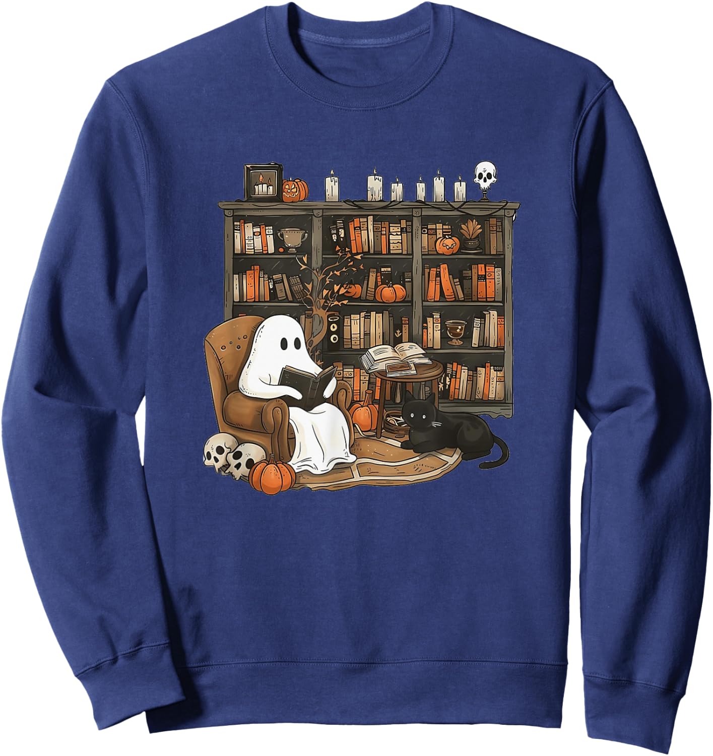 Retro Ghost Reading Books, Librarian Ghost Halloween Sweatshirt - Sweatshirt | Navy
