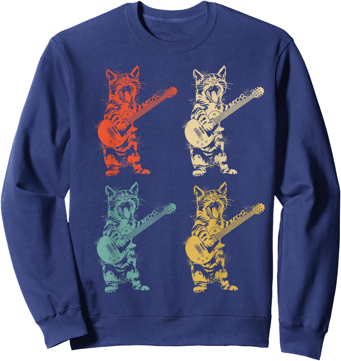 Retro Cat Rocker Kitty Plays Guitar Rockstar Guitarist , Black Sweatshirt - Sweatshirt | Navy