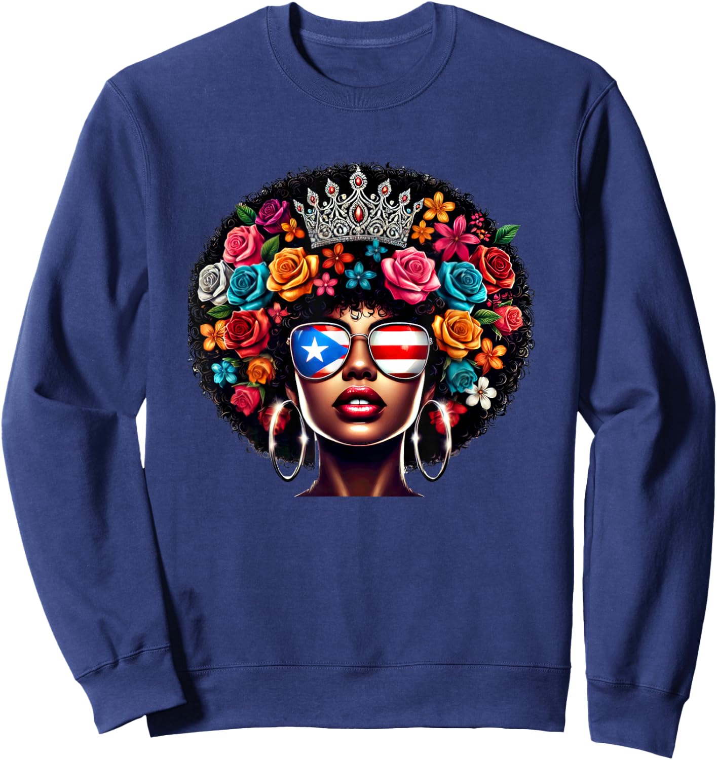 Afro Boricua Queen Crown Flowers Sunglasses Puerto Rico Flag Sweatshirt - Sweatshirt | Navy