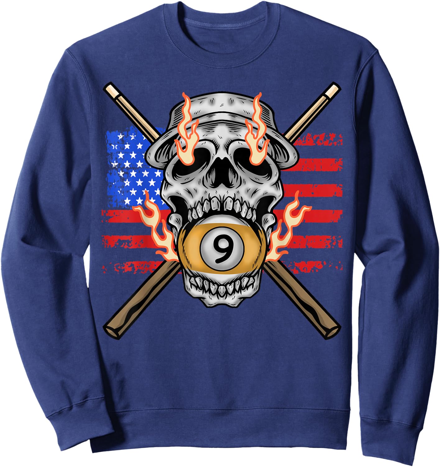 9 Ball Billiard Pool Player American Flag Skull Billiards Sweatshirt - Sweatshirt | Navy