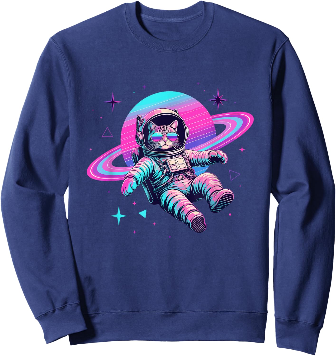 Galaxy Space Cat Astronaut with Planet Rings Sweatshirt - Sweatshirt | Navy