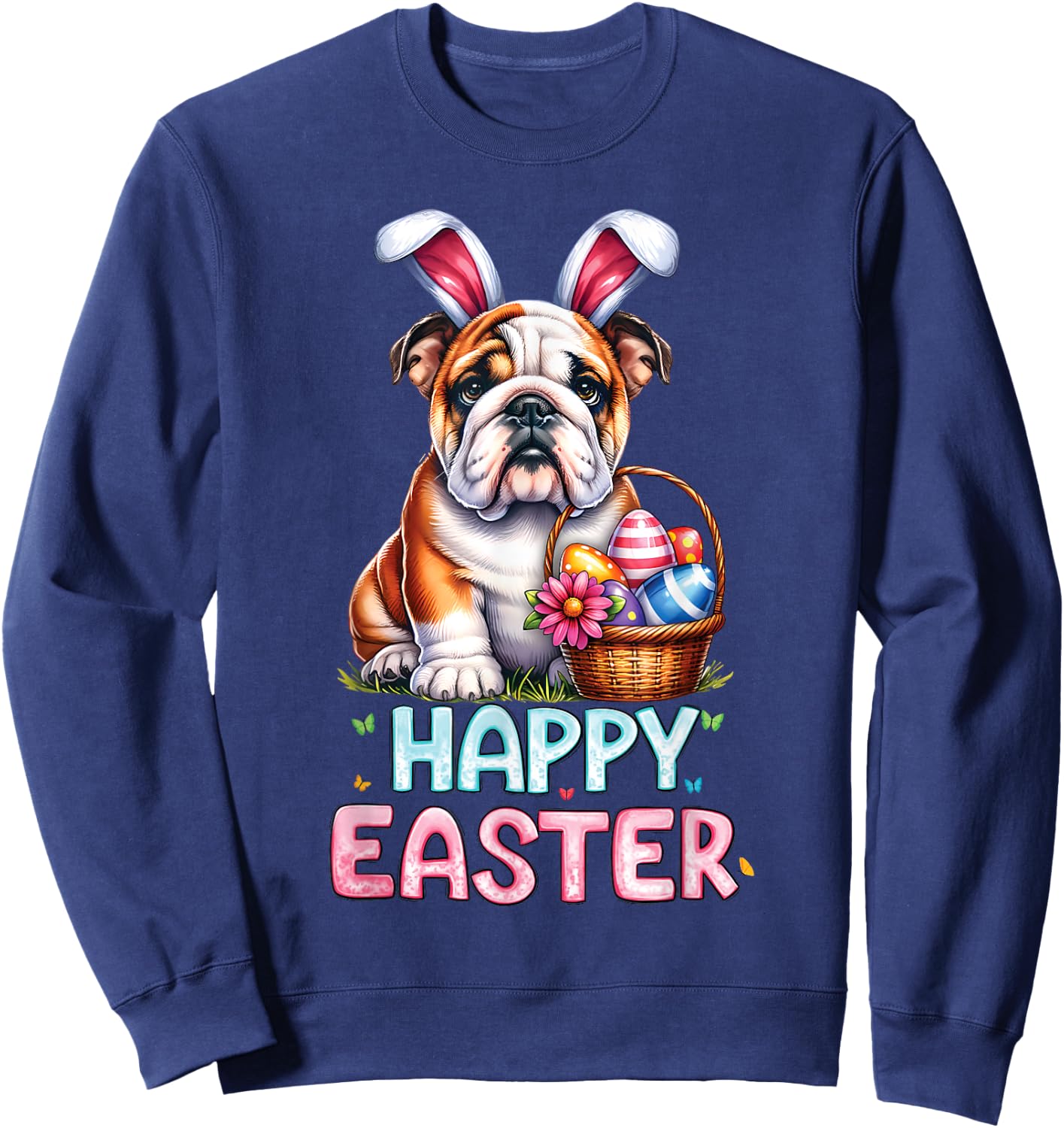 Happy Easter Day English Bulldog Cute Easter Bunny Women Kid Sweatshirt - Sweatshirt | Navy