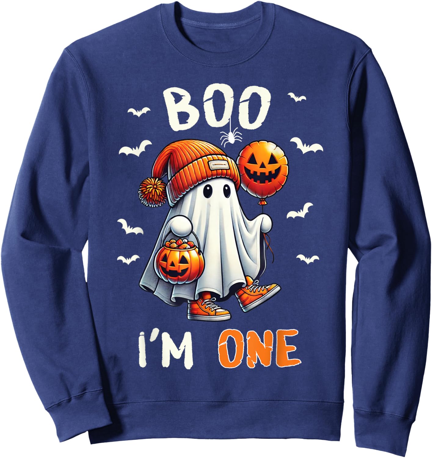 Boo I'm One Ghost 1st Birthday Halloween Boy Kids Groovy Sweatshirt - Sweatshirt | Navy