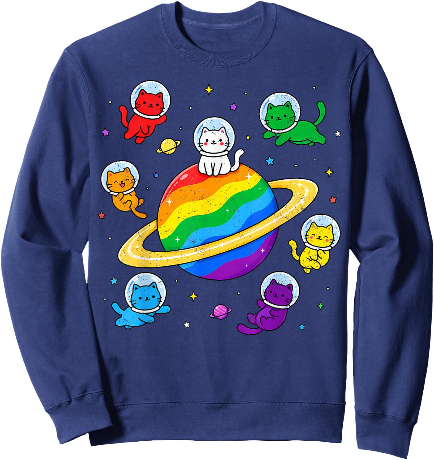 Cute Kawaii Cats Rainbow Space Cat LGBTQ Flag Gay Pride Ally Sweatshirt - Sweatshirt | Navy