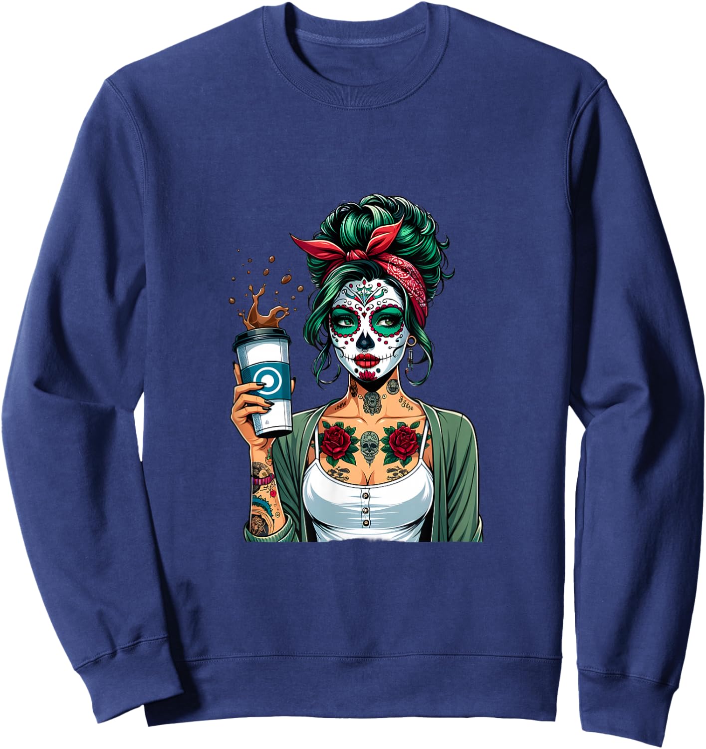 Retro Woman Diva Coffee Skull Make-Up Vintage Pin-Up Sweatshirt - Sweatshirt | Navy
