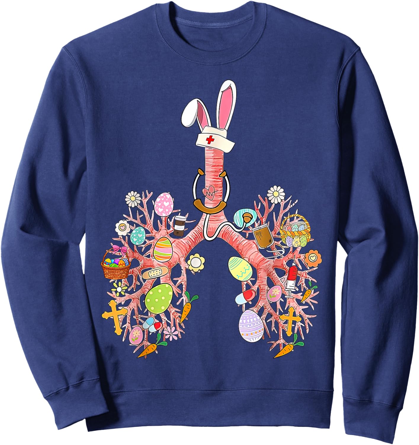 Bunny Lungs Respiratory Nurse Easter Day RT Therapist Eggs Sweatshirt - Sweatshirt | Navy