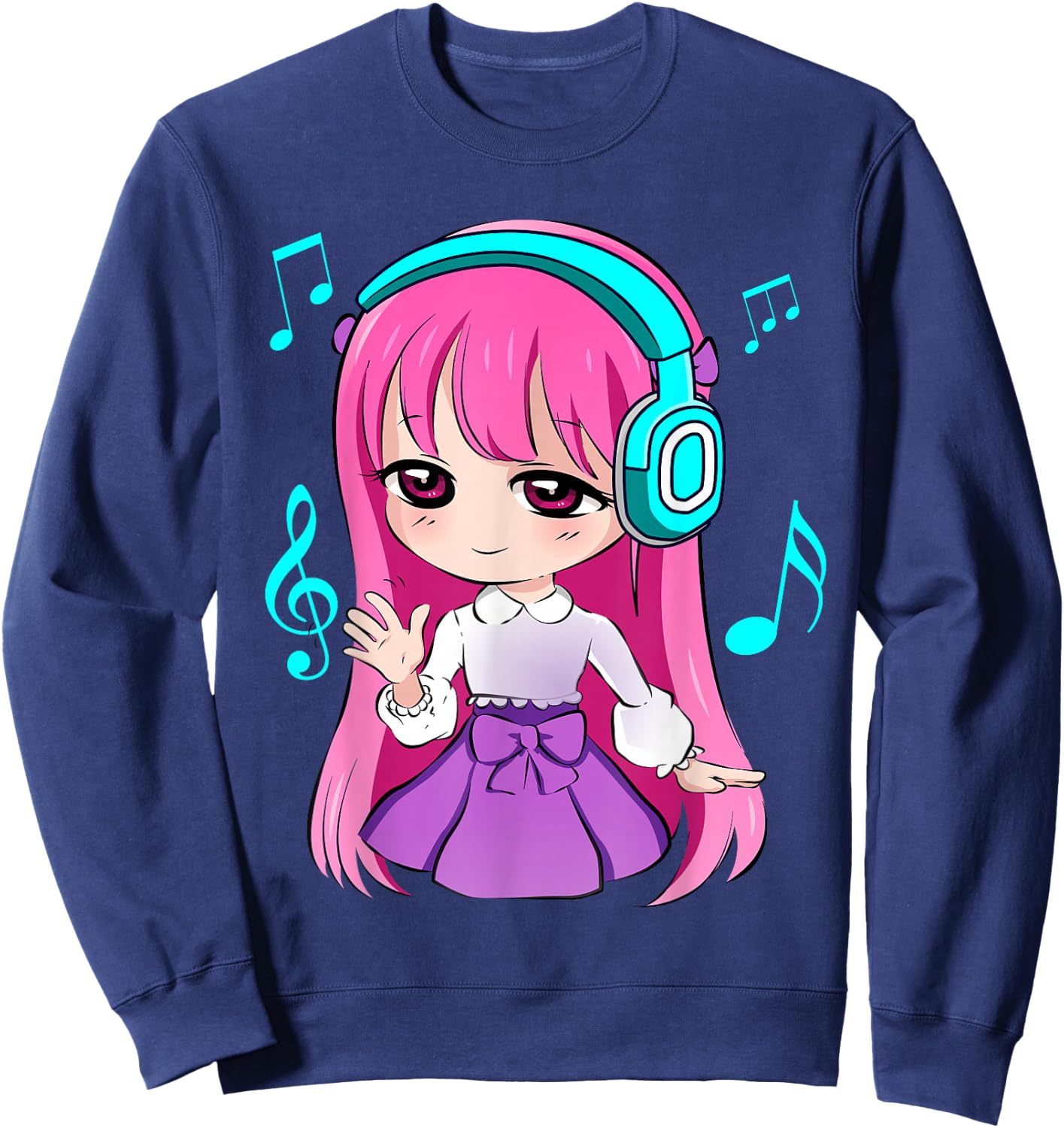 Anime and Music Girl for Teen Chibi Graphic Anime Girl Sweatshirt - Sweatshirt | Navy