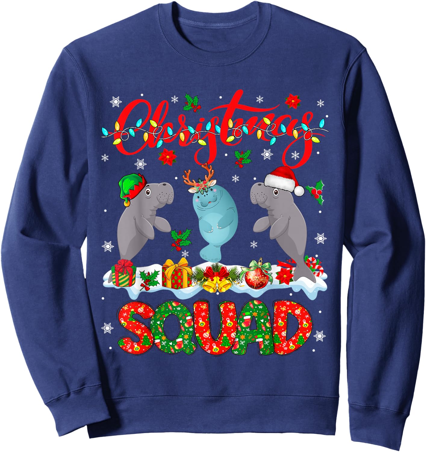 Christmas Squad Three Santa Reindeer Elf Manatees Xmas Sweatshirt - Sweatshirt | Navy