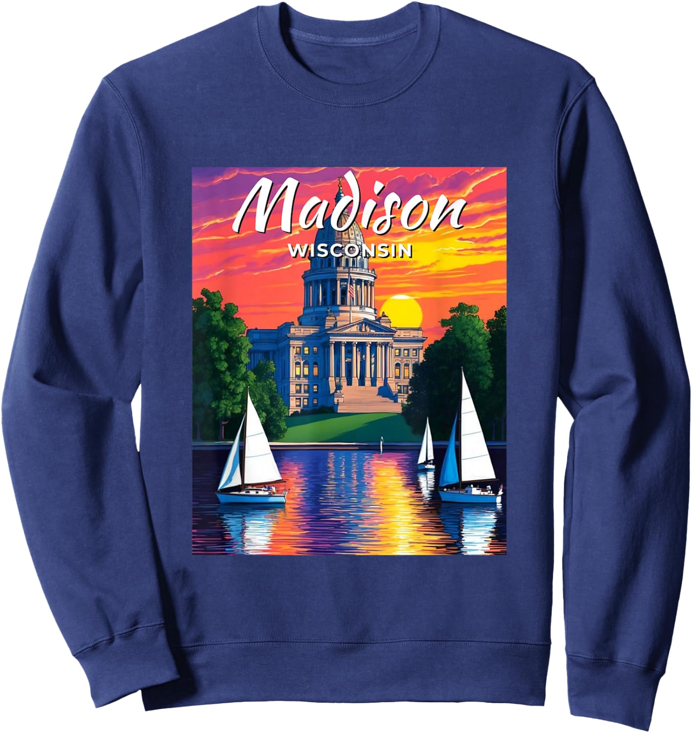 Madison Skyline Wisconsin State Capitol Sailboats Vintage Sweatshirt - Sweatshirt | Navy