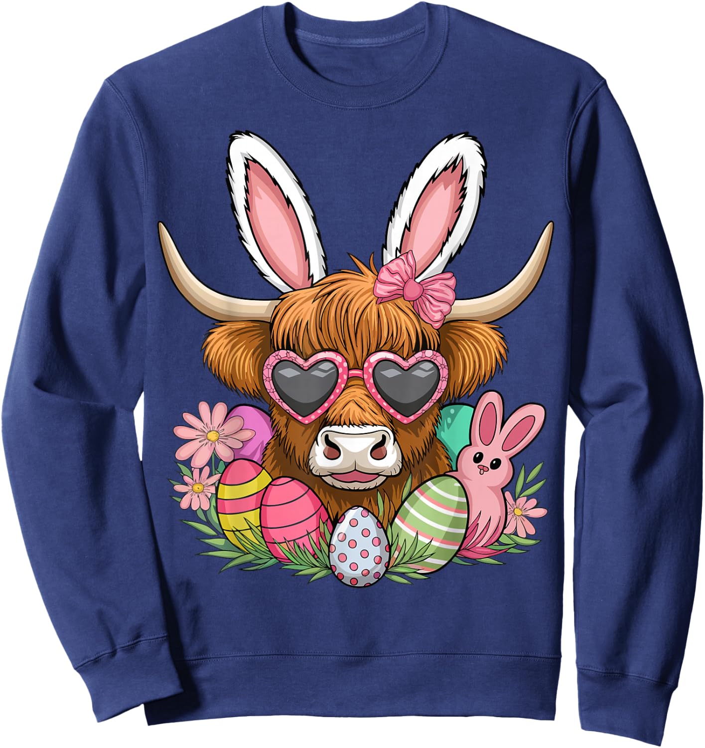 Easter Bunny Highland Cow Farmer Women Girls Easter Day Sweatshirt - Sweatshirt | Navy