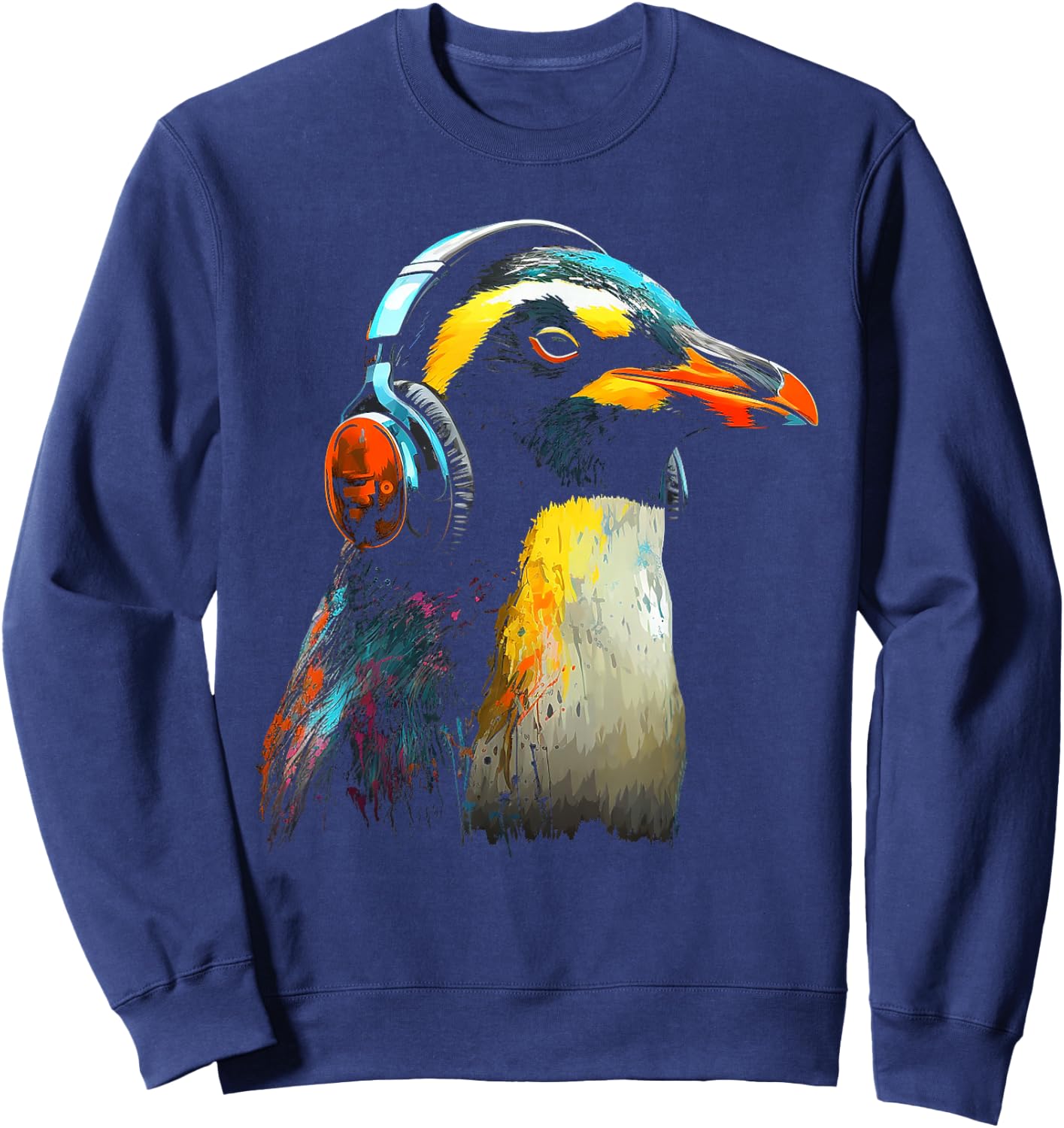 Penguin Headphones Artwork | Music Animal Motif Penguin Sweatshirt - Sweatshirt | Navy
