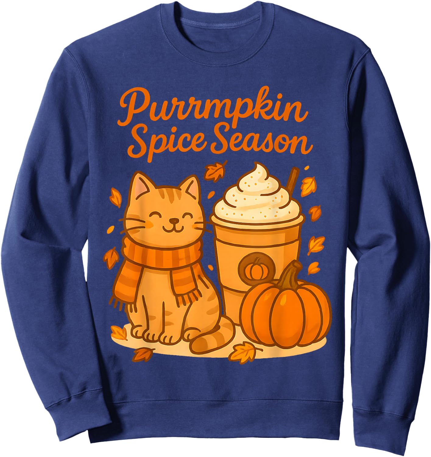 Cute Fall Cat Scarf Pumpkin Latte Purrmpkin Spice Season Pun Sweatshirt - Sweatshirt | Navy