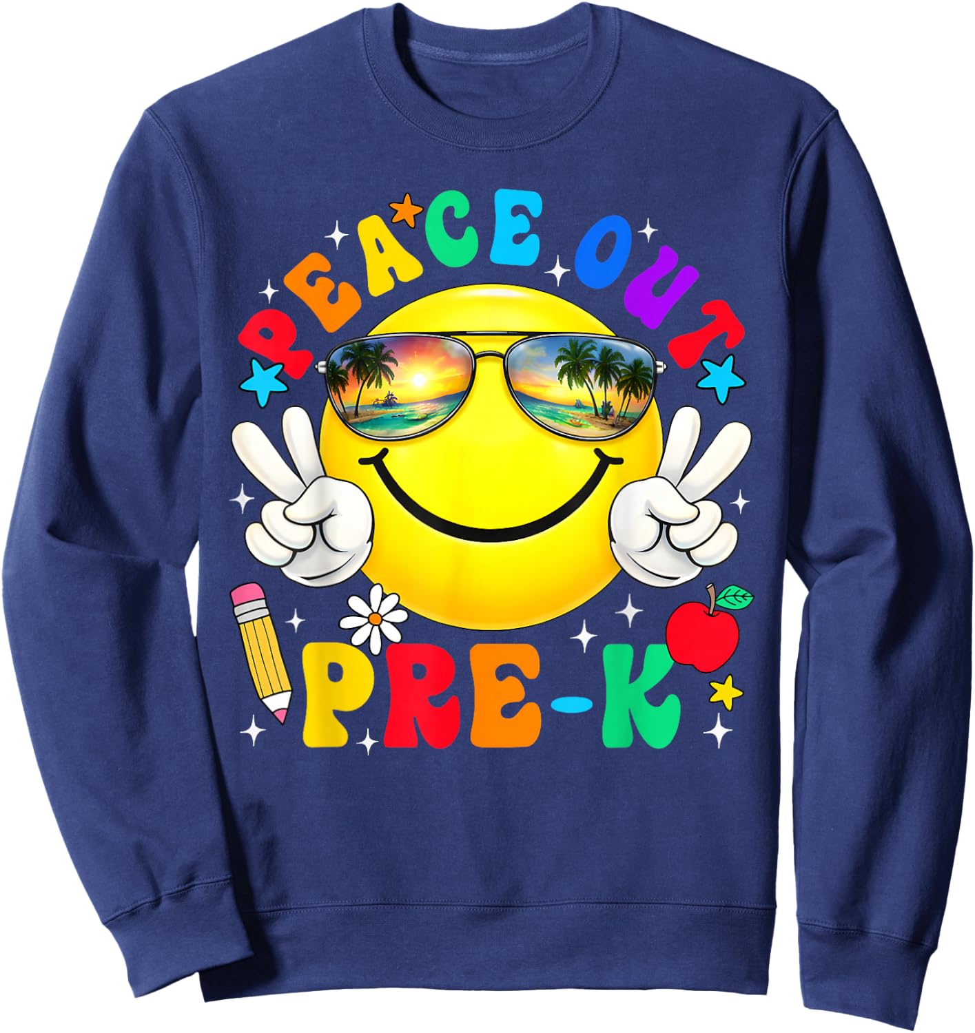 Peace Out Pre-K Last Day of School Groovy Smile Face Sweatshirt - Sweatshirt | Navy