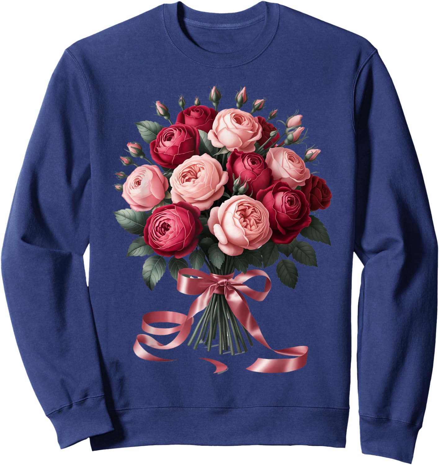 Blushing Rose Bouquet with Delicate Pink Ribbon Sweatshirt - Sweatshirt | Navy