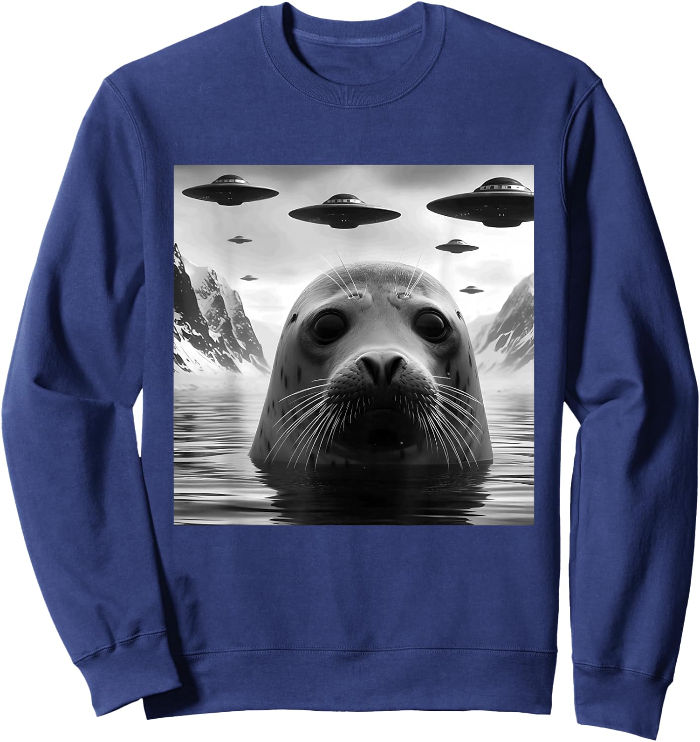 Harp seal Funny Graphic Selfie with UFOs Weird Aliens Sweatshirt - Sweatshirt | Navy