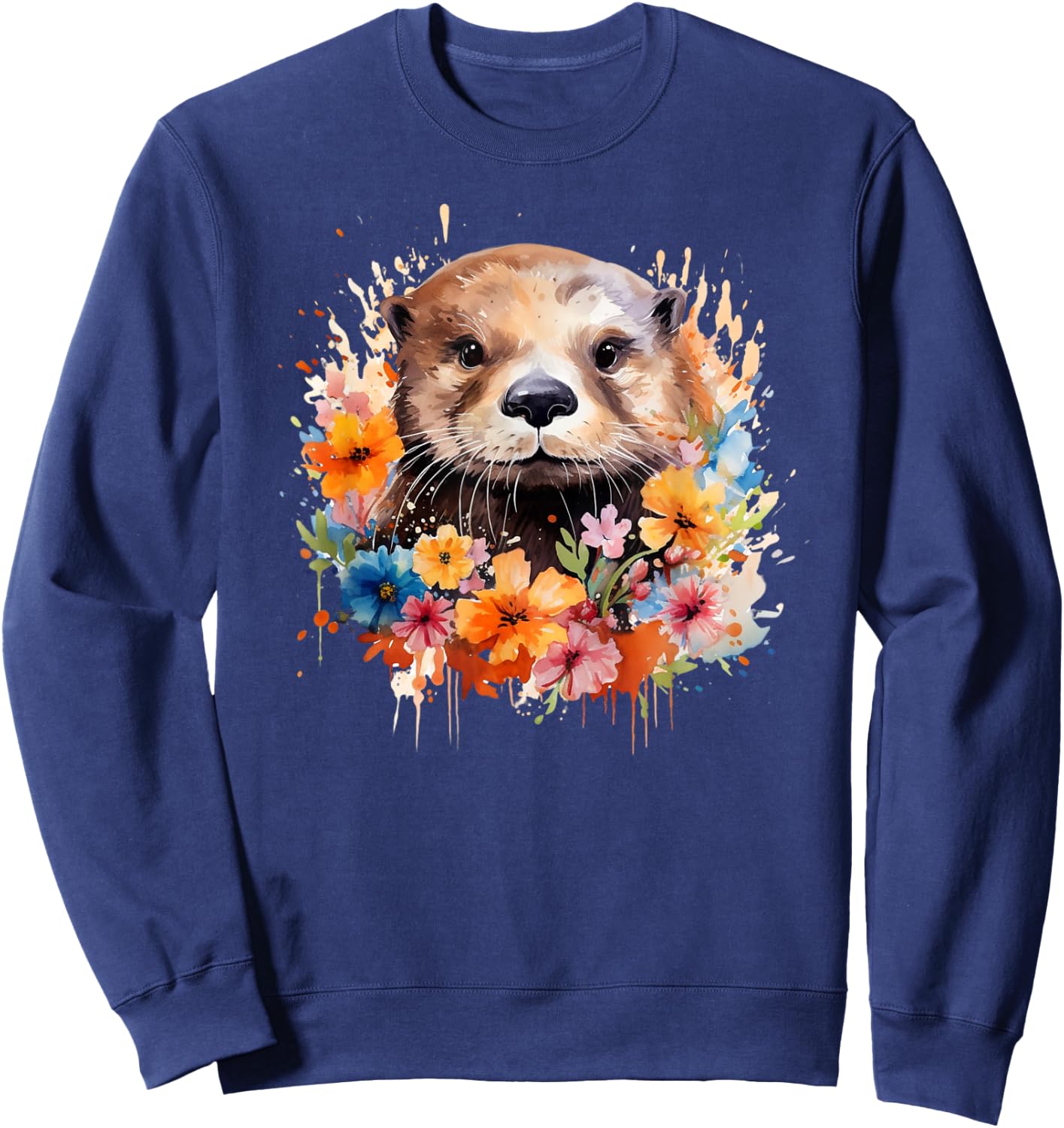 Floral Otter Face Watercolor Painting Sea Otter Portrait Sweatshirt - Sweatshirt | Navy