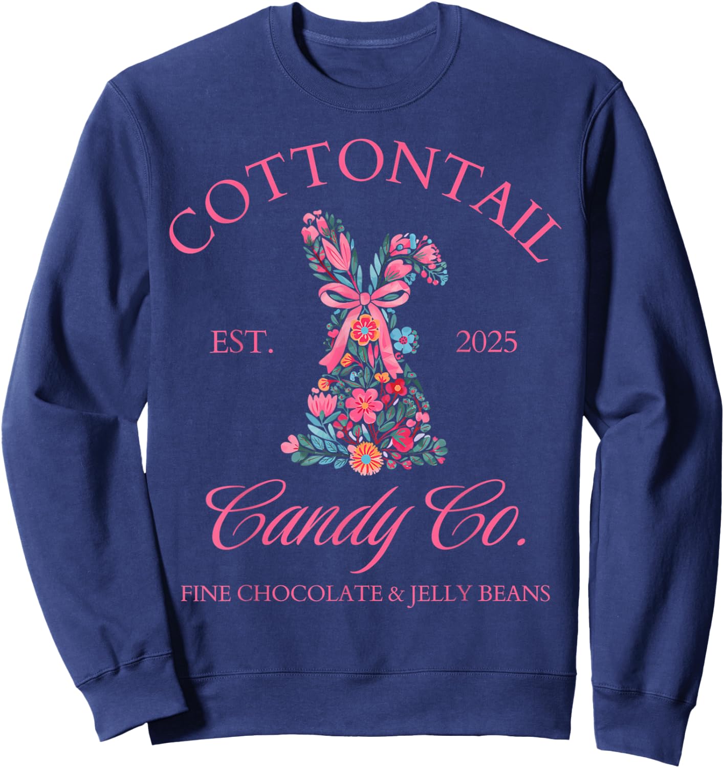 Easter Bunny Cottontail Coquette Bow Floral Girls Top Sweatshirt - Sweatshirt | Navy