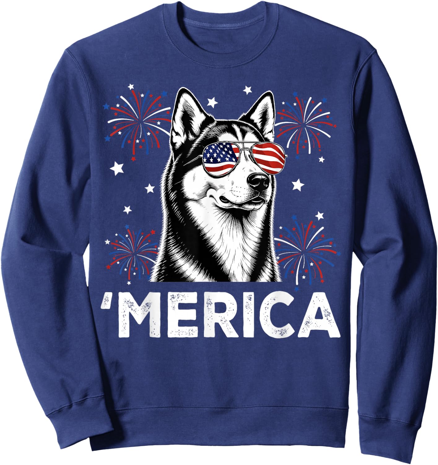 Siberian Husky Dog 'Merica Patriotic 4th of July USA Flag Sweatshirt - Sweatshirt | Navy
