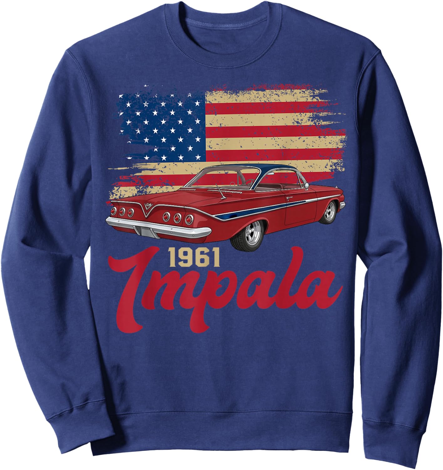 1961 61 Impala Old School Muscle Car American Flag Sweatshirt - Sweatshirt | Navy