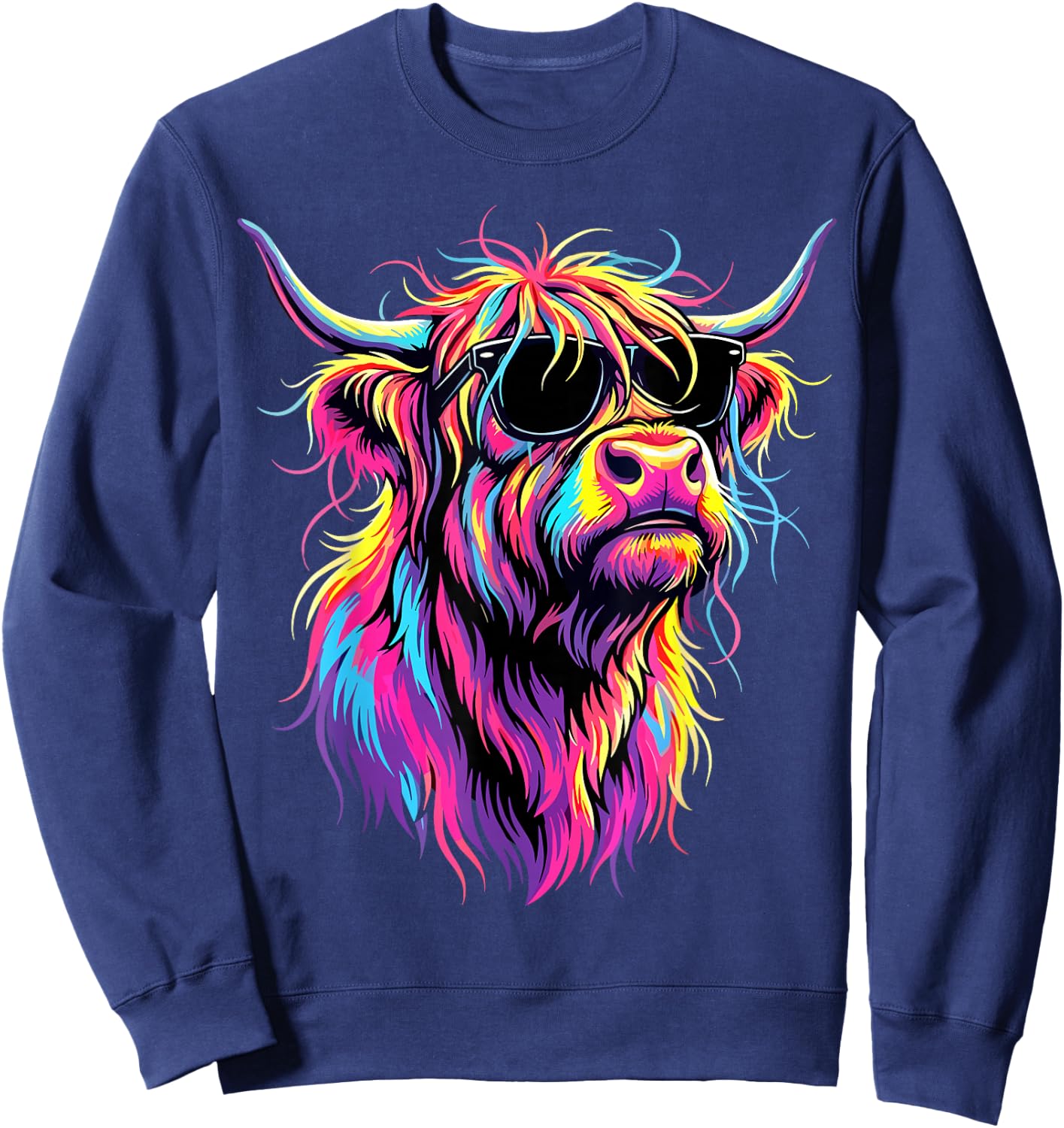 Colorful Highland Cow Sunglasses Sweatshirt - Sweatshirt | Navy