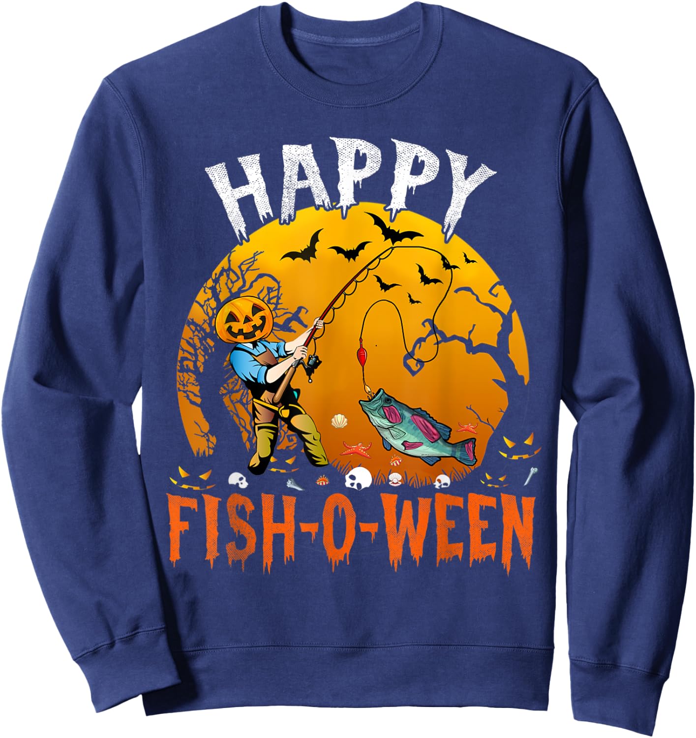 Happy Fish-o-ween Halloween Funny Fishing Fisherman Costume Sweatshirt - Sweatshirt | Navy