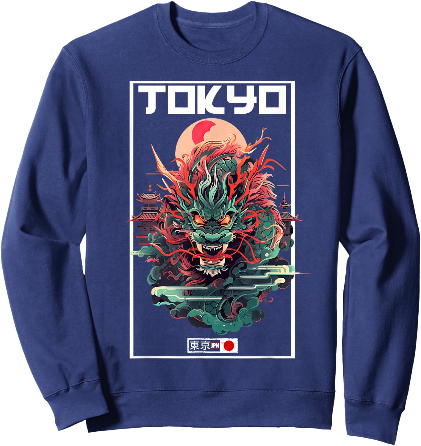 Asian inspired vintage style 80s retro Japanese Tokyo Dragon Sweatshirt - Sweatshirt | Navy