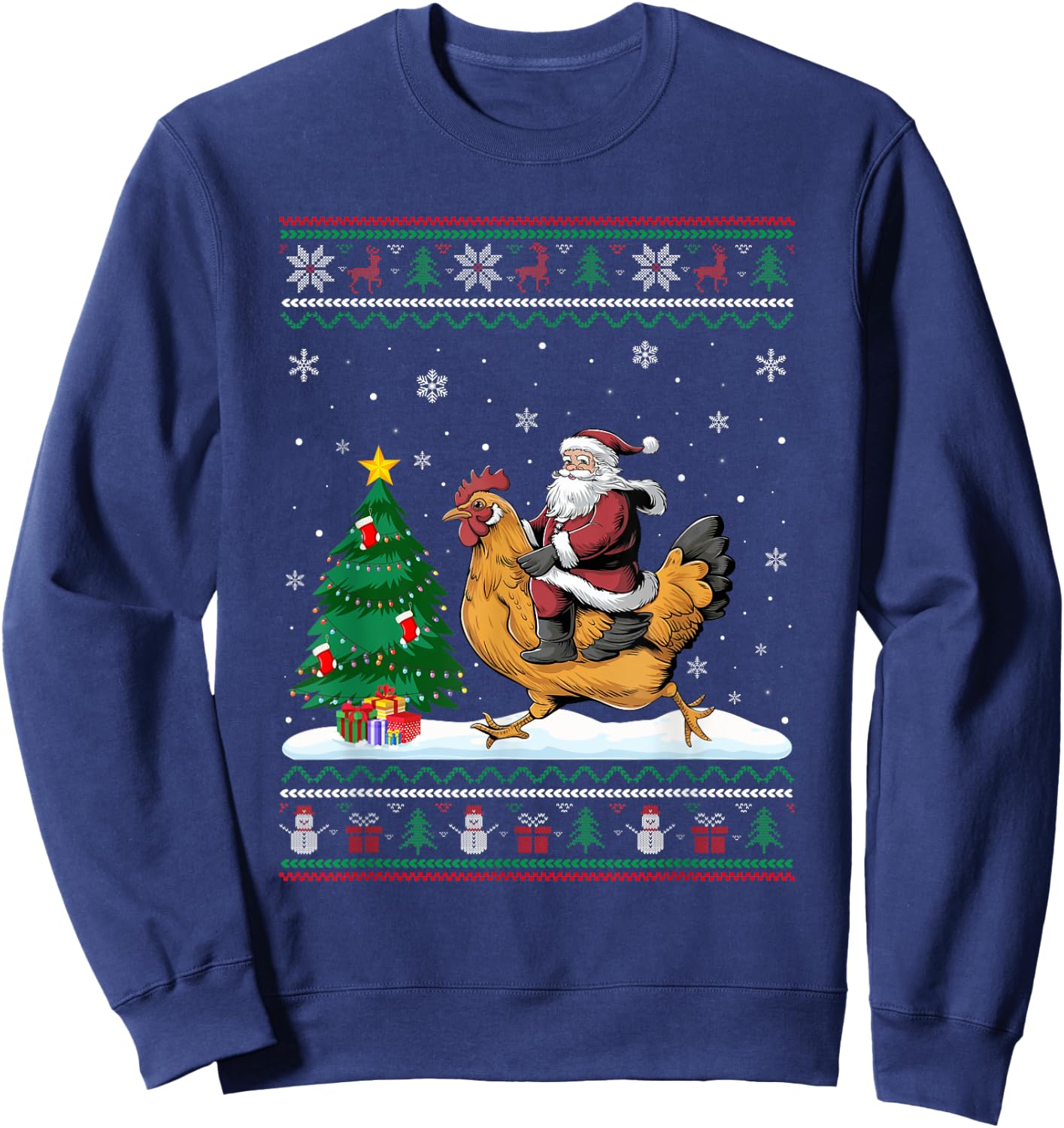 Ugly Christmas Tree Lights Xmas Santa Riding Chicken Sweatshirt - Sweatshirt | Navy