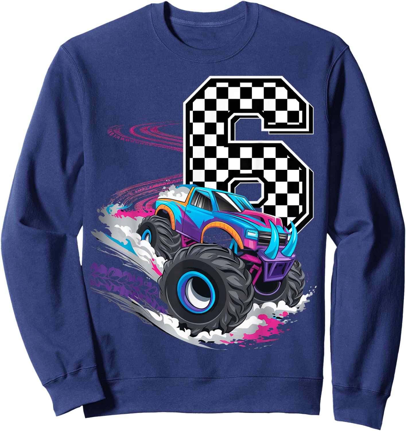6th Birthday Monster Truck Boys 6 Six racing car flag Kids Sweatshirt - Sweatshirt | Navy
