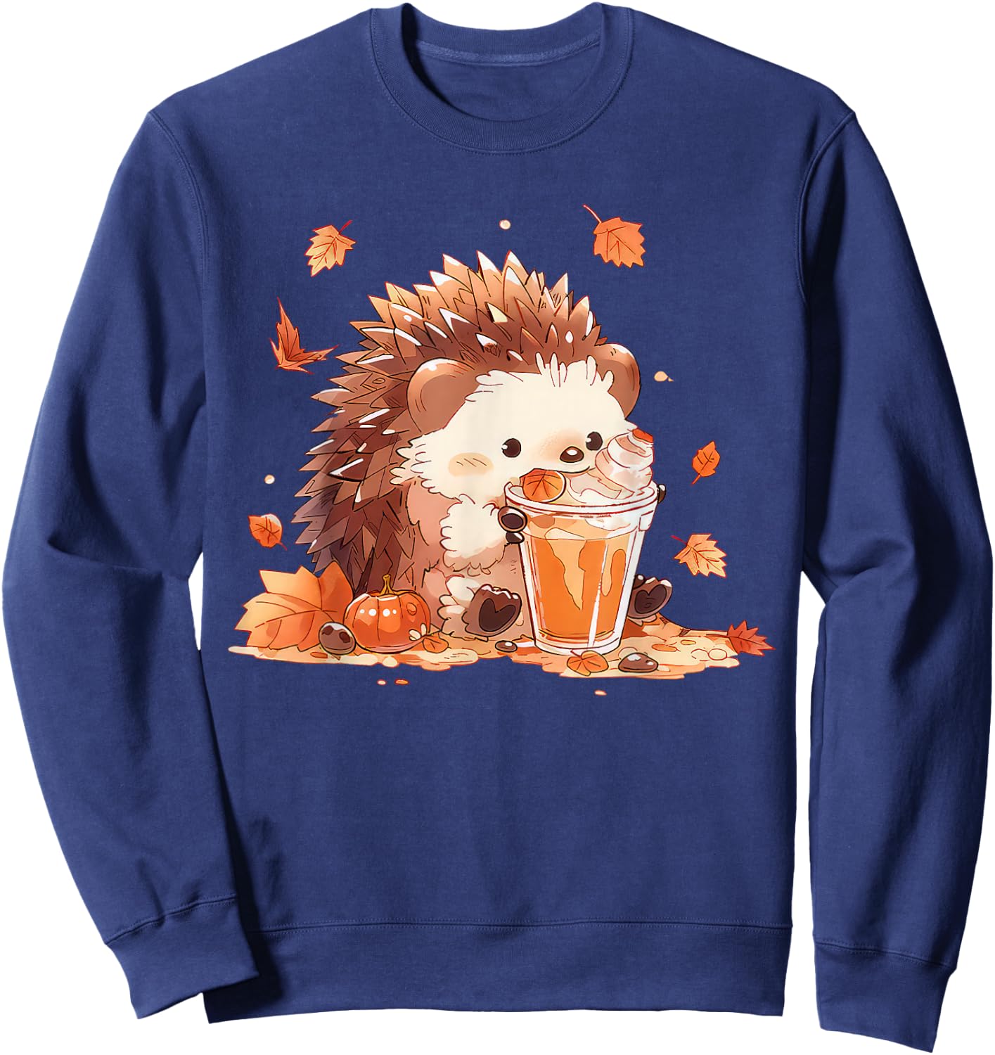 Cute Hedgehog Drinking Coffee Latte Fall Autumn Thanksgiving Sweatshirt - Sweatshirt | Navy